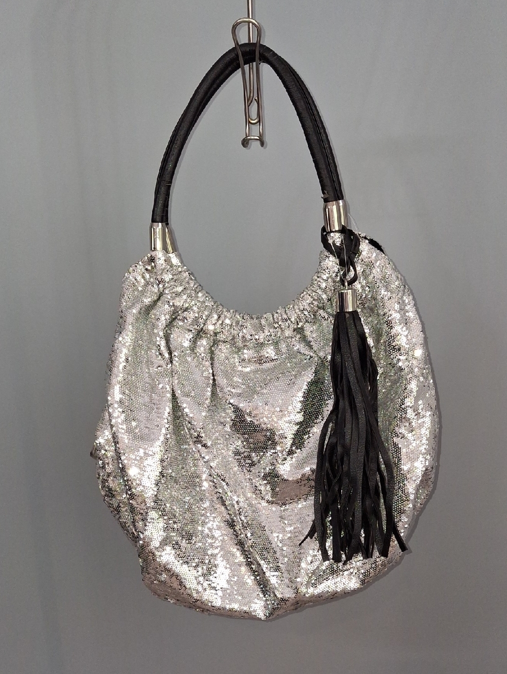 Vintage Silver Sequin Hobo Bag with Black Leather Tassel Handle Oversized Zipper